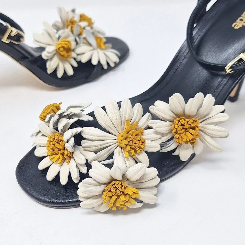 LARROUDÉ Fiore Daisy Appliqués Ankle Strap Sandals Stilletto Heel